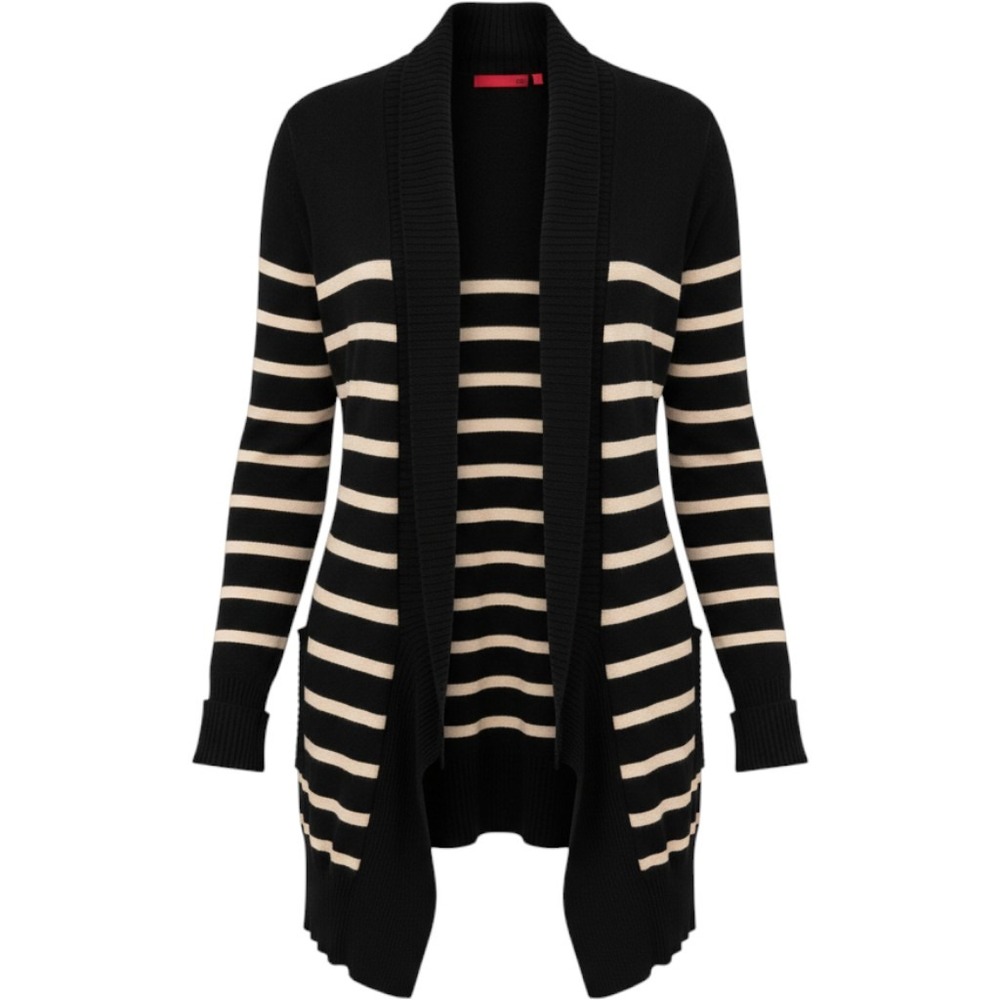 Hugo Boss RED Cardigan Women Medium Black Tan Striped Open Front Shawl Collar